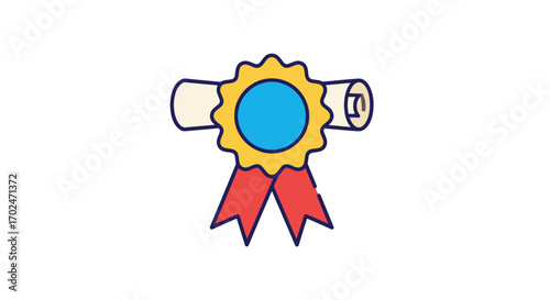 Award Ribbon with Rolled Diploma and Blue Center.