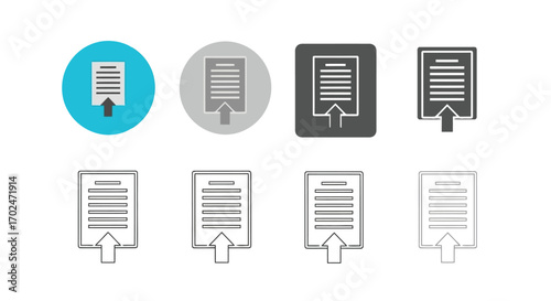 Vector illustration of multiple icons representing document upload, in various styles and color backgrounds