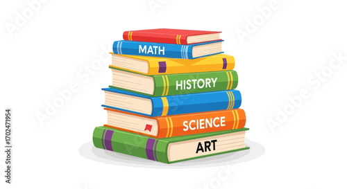 Stack of colorful textbooks for education including math history science and art.