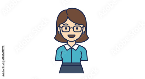 Friendly cartoon woman wearing glasses and a blue shirt.
