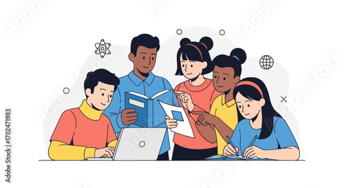 Diverse Group of Students Collaborating and Studying Together with Books and a Laptop.