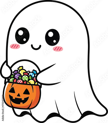 Cute ghost carrying a pumpkin bucket full of halloween candies