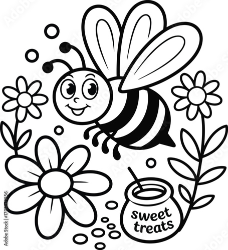 Cute cartoon bee with happy expression flying around flowers and a honey pot with sweet treats written on it