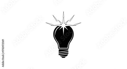 Black Silhouette of a Glowing Light Bulb with Rays of Light.