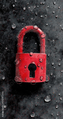 Red padlock with water droplets on dark background