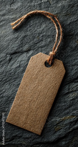 Blank kraft paper tag on dark stone (1)