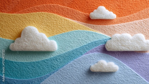 Pastel wavy landscape with puffy clouds