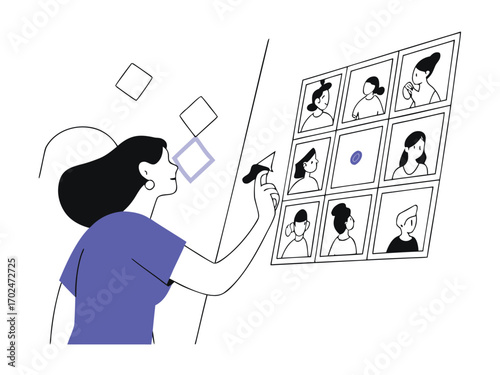 Minimalist flat design vector illustration of woman working on digital grid with faces