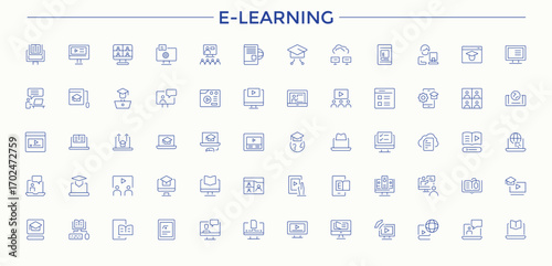 E-Learning line icon set. Minimalist editable vector stroke. Editable stroke. Vector illustration. Study related icon set. Containing learning, study, learn, course, tutorial, lesson and more.