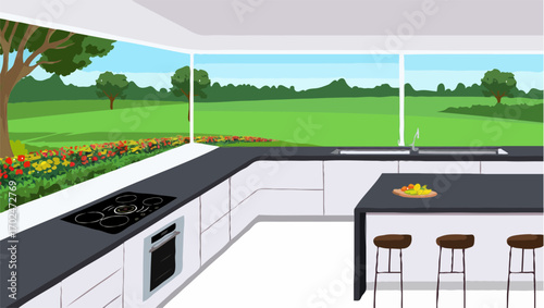 Modern kitchen with island and panoramic view of green landscape vector illustration