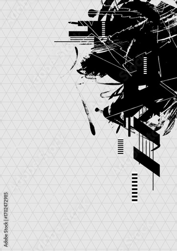Abstract brush painting on triangle pattern background. Black and white chaotic grunge line art