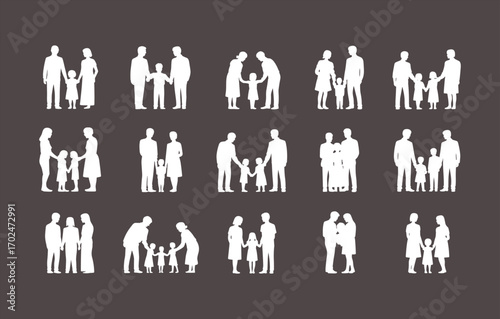 Family silhouettes vector set with parents and children walking, holding hands, parenting illustrations, family bond, love, and unity