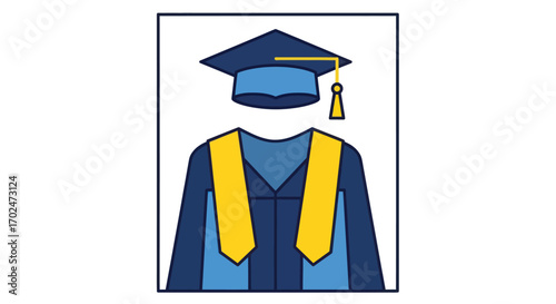 Blue and yellow academic graduation cap and gown vector illustration.