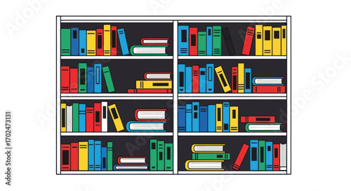 Colorful Bookshelf with Multiple Shelves and Stacks of Books.