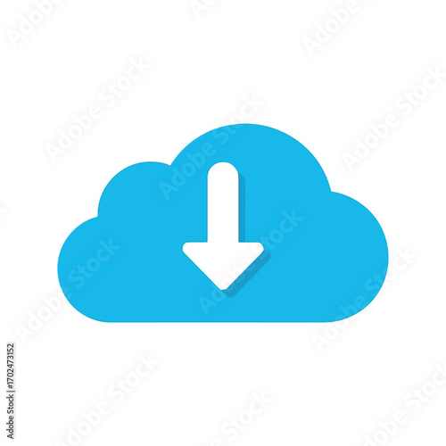 Vector illustration of blue cloud icon with a white downward arrow, symbolizing cloud storage, data download, and online file access