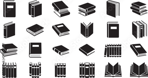 Book icon set – black silhouette illustrations of open books, stacked books, and bookshelves for educational design, publishing visuals, and library branding.