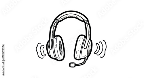 Hand-drawn headset with microphone and sound waves for communication.