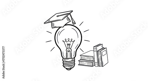 Hand-drawn sketch of a glowing lightbulb with a graduation cap and a stack of books.