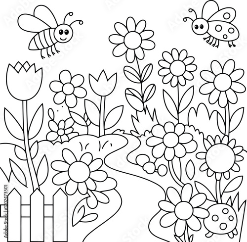 Charming black and white line drawing of a whimsical garden scene with flowers a bee and a ladybug perfect for coloring
