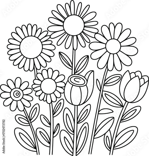 Whimsical hand drawn outline illustration of a cheerful bouquet of various blooming flowers and buds for coloring or design