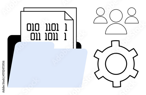Binary-coded document in folder next to user group and gear icons representing data organization. Ideal for data sharing, coding, teamwork, project management, system optimization, analysis, simple