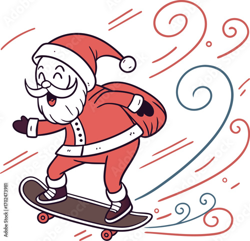 Cartoon santa claus riding a skateboard with festive elements