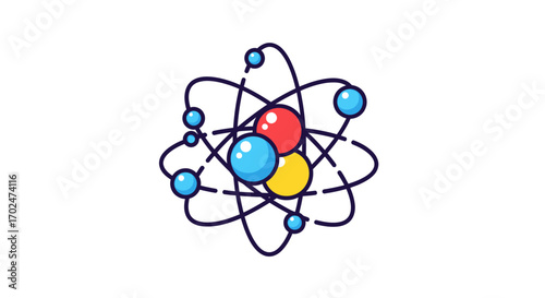 Colorful stylized atom model with orbiting electrons.