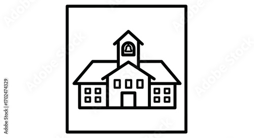 Simple Line Art Icon of a School Building with Bell Tower.