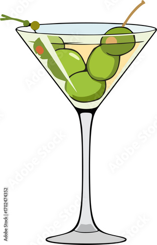 Minimalist Vector Martini Glass with Green Olives – Classic Cocktail