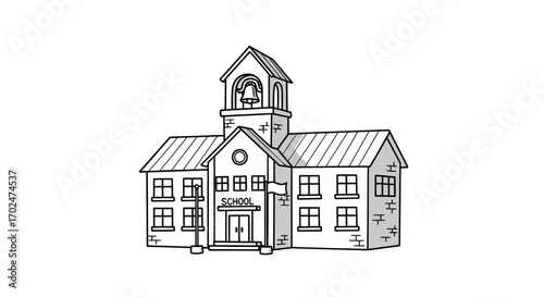 Hand-drawn illustration of a classic school building with a bell tower.