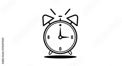 Ringing classic alarm clock icon black and white line art illustration.
