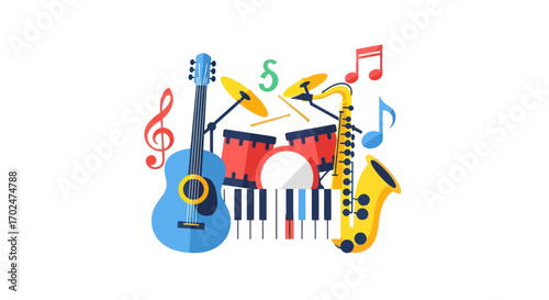 Colorful Musical Instruments Collection with Guitar Drums Keyboard and Saxophone.