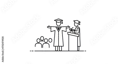 Line Art Graduation Ceremony Icon with Graduates and Speaker.