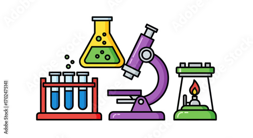Colorful Illustration of Laboratory Equipment and Science Tools.