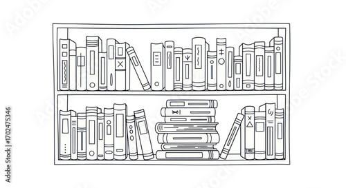 Hand-drawn illustration of a two-shelf bookshelf filled with various books.