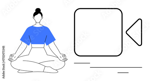 Calm woman in yoga pose beside video icon. Ideal for mindfulness, mental health, wellness, digital balance, online learning, self-care promotion, stress reduction. Simple flat metaphor