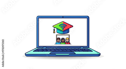 Laptop displaying online learning with graduation cap and diverse students.
