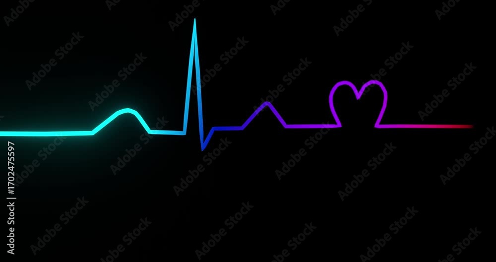 Animação 4K de linha de ECG que se transforma em um coração luminoso sobre fundo escuro, em loop contínuo. Visual minimalista e moderno com espaço para texto