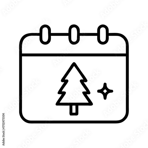 Calendar icon with Christmas tree and shining star. Holiday event reminder. Christmas and New Year celebration concept. Vector icon for app interface