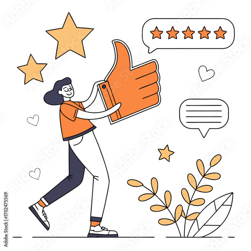 Customer satisfaction boosts brand success and loyalty through positive feedback and ratings, A satisfied customer recommends a product or service with a thumbs-up and five-star rating