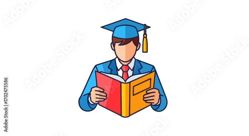 Student in Graduation Gown Reading Book.