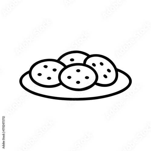 Cookies on plate vector icon, chocolate chip snack, oatmeal raisin. Simple food dessert for menu, bakery, sweet treat. Outline graphic collection