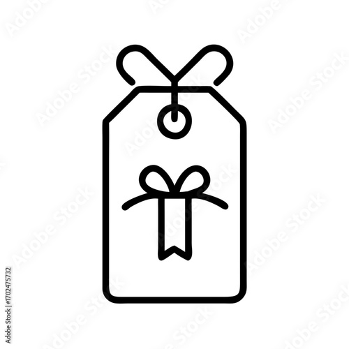 Black linear gift tag with a small bow symbol on it, representing discount, sale, or special offer. Vector icon