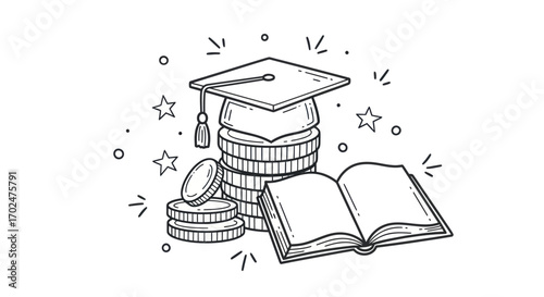 Graduation Cap on Stack of Coins with Open Book Education Investment Concept.