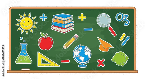 Educational school supplies and science symbols on a green chalkboard.