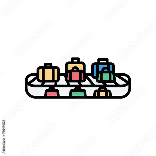 Colorful luggage moves airport baggage claim carousel