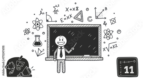 Cartoon Teacher with Blackboard and Scientific Symbols.