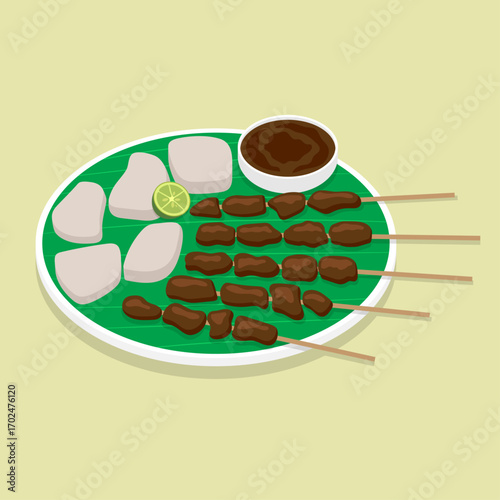 Vector illustration of typical Indonesian food, chicken satay from Madura with peanut sauce, lontong, and lime.