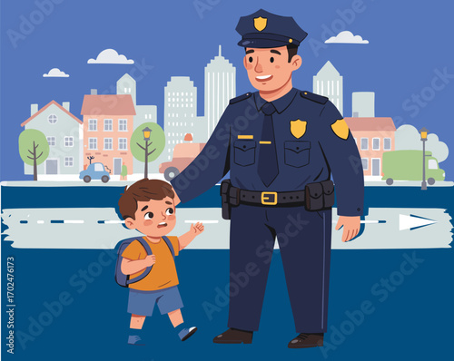 Cartoon police officer with child on city sidewalk, community safety illustration, urban law enforcement support and public trust vector art