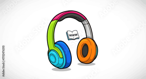 Colorful Cartoon Headphones with Book Icon Audio Learning Concept.
